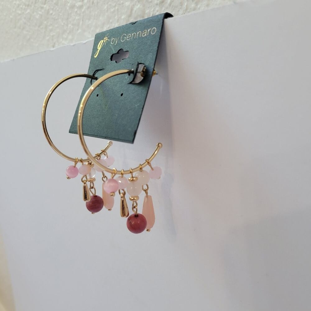 G By Gennaro Gold Tone Half Hoop Earrings with Pink Dangle Bead Accents NWT